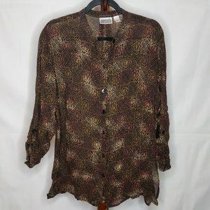 Chico's Design women's size 3 blouse brown print crew neck button up 3/4 sleeves